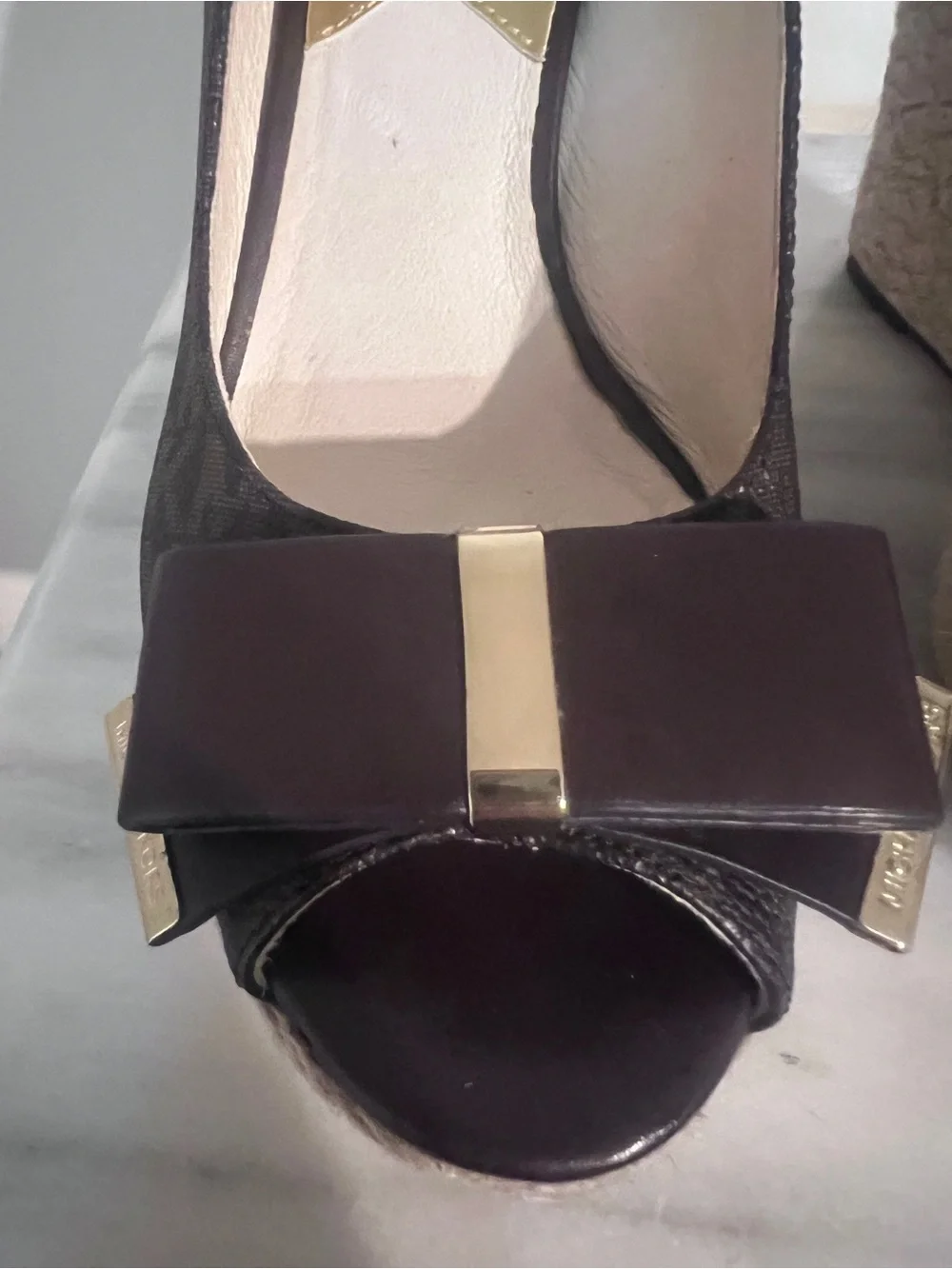 Michael Kors Dark Brown Peep-Toe Wedge Espadrilles with Bow